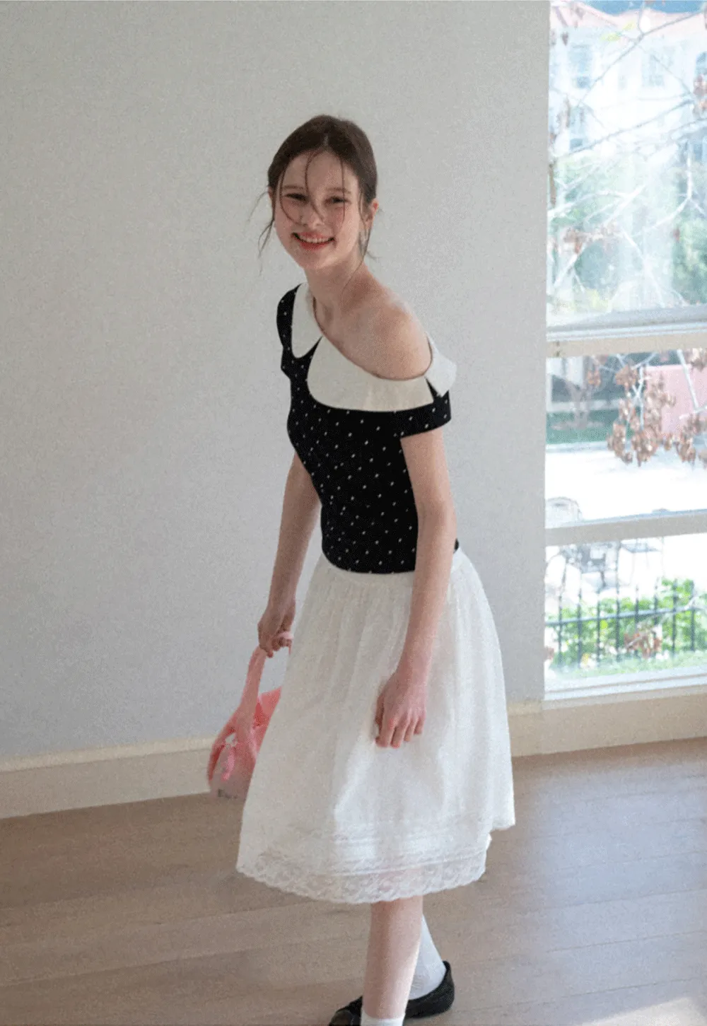 Polka dot short sleeve top with Peter Pan collar