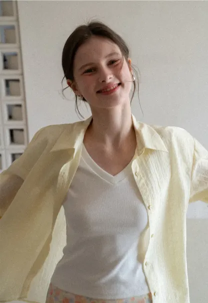 Lightweight Button Up Shirt with V Neck and Long Sleeves