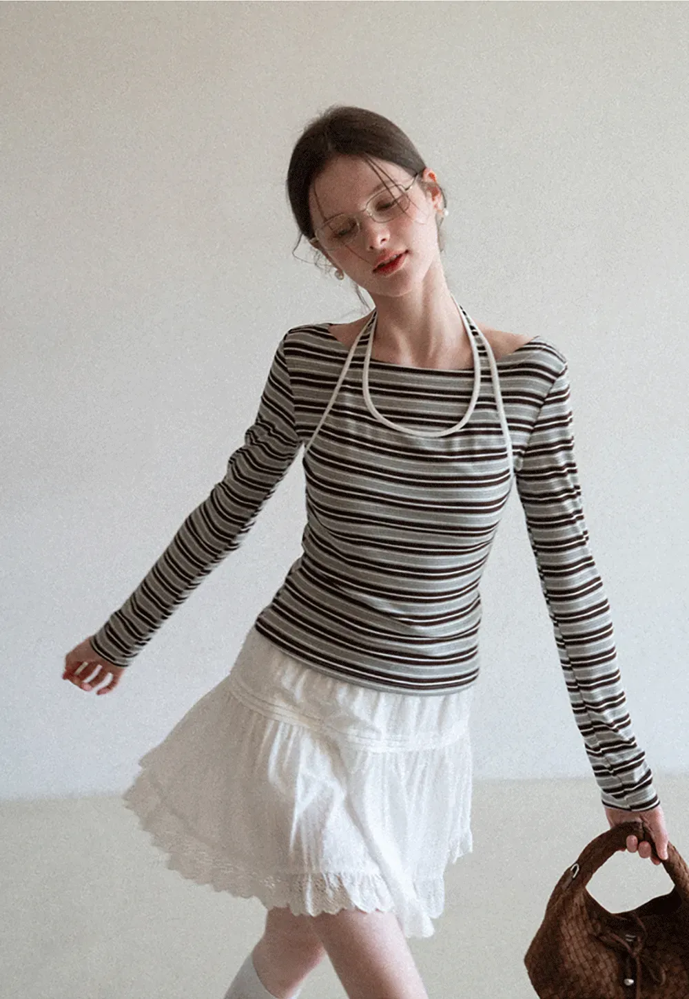 Long sleeve striped top with halter neck detail