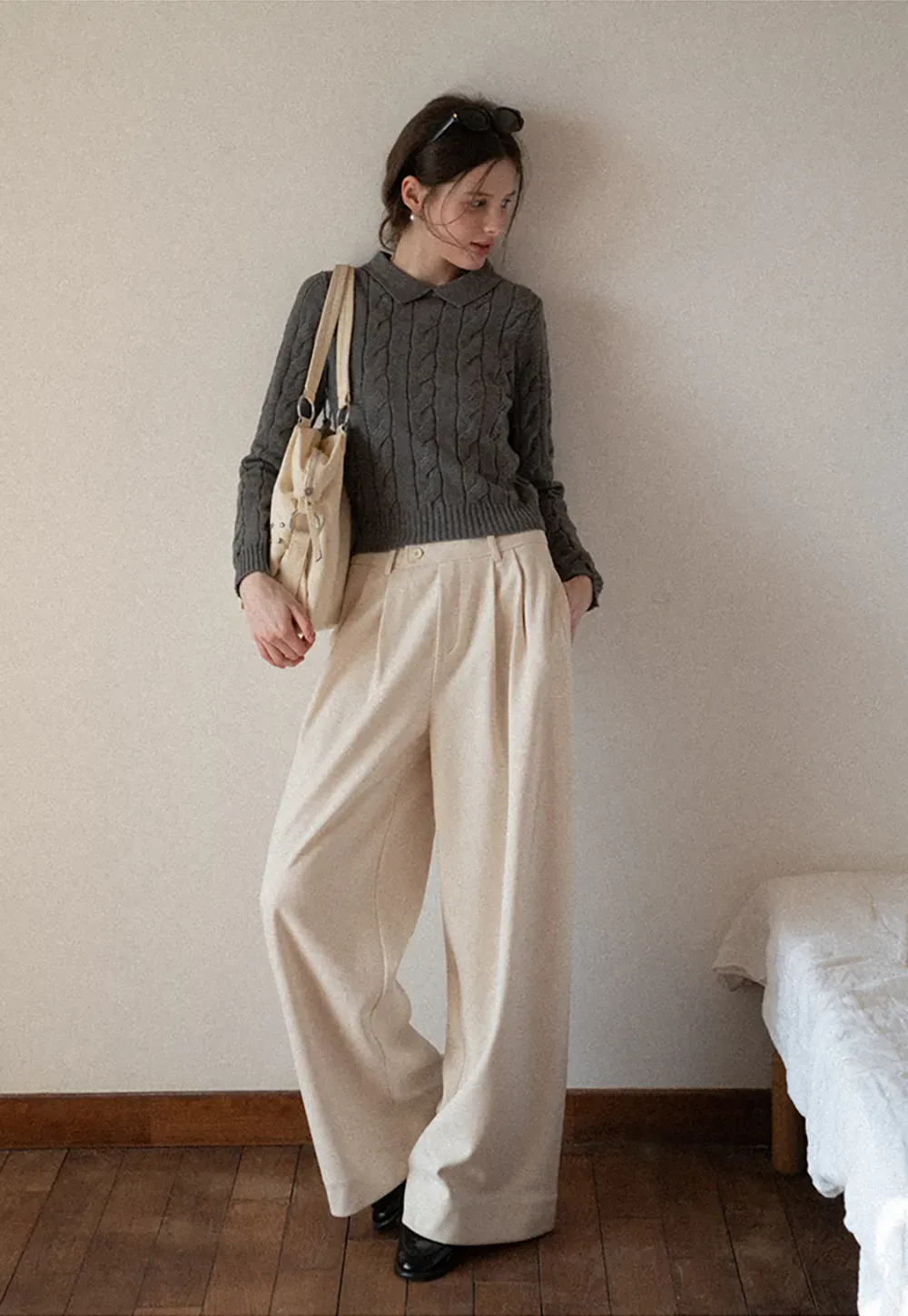 Cable Knit Crop Sweater with Collar