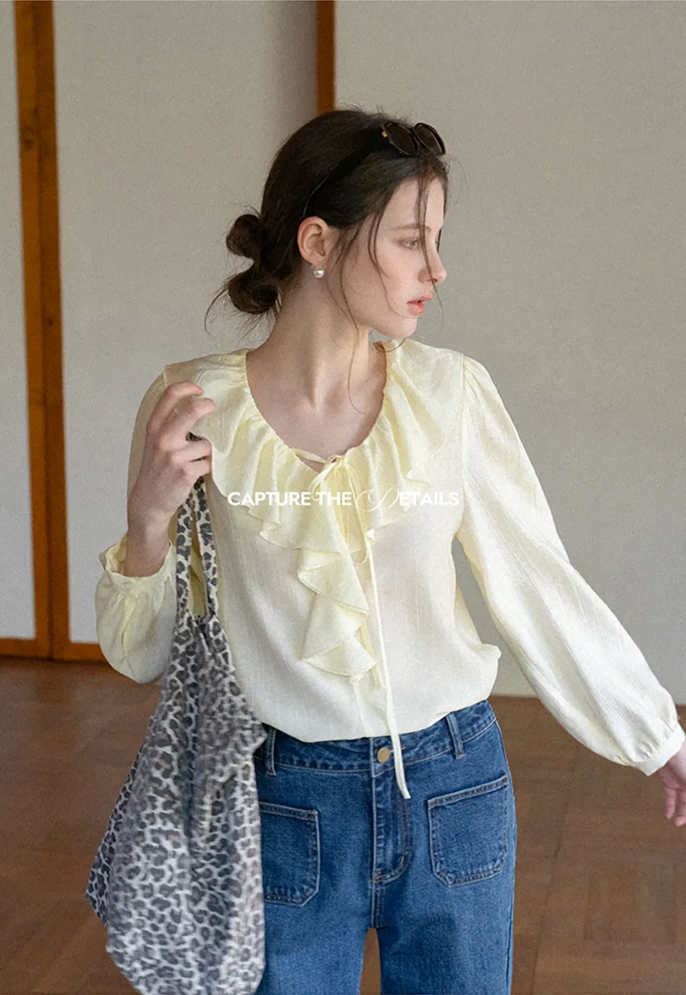 Ruffled Collar Long Sleeve Blouse with Tie Front