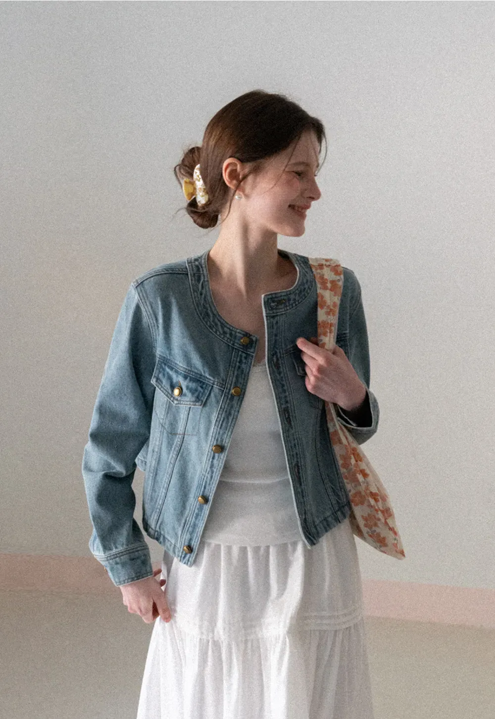 Denim short jacket with button front and chest pockets
