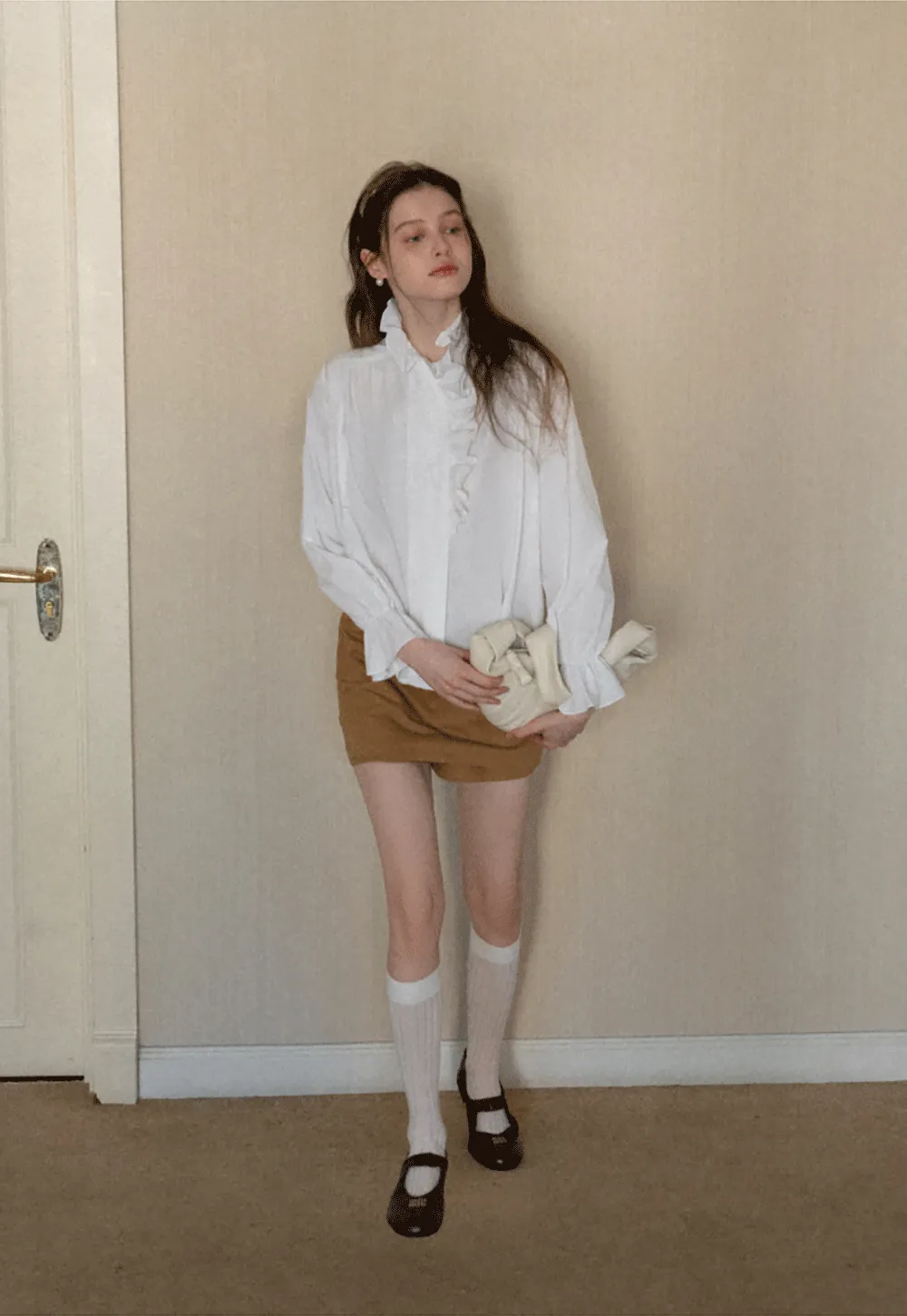 Elegant Ruffled Collar Blouse with Flared Cuffs