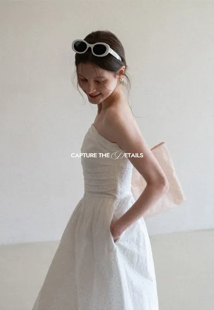 Strapless A-line Midi Dress with Ruched Bodice