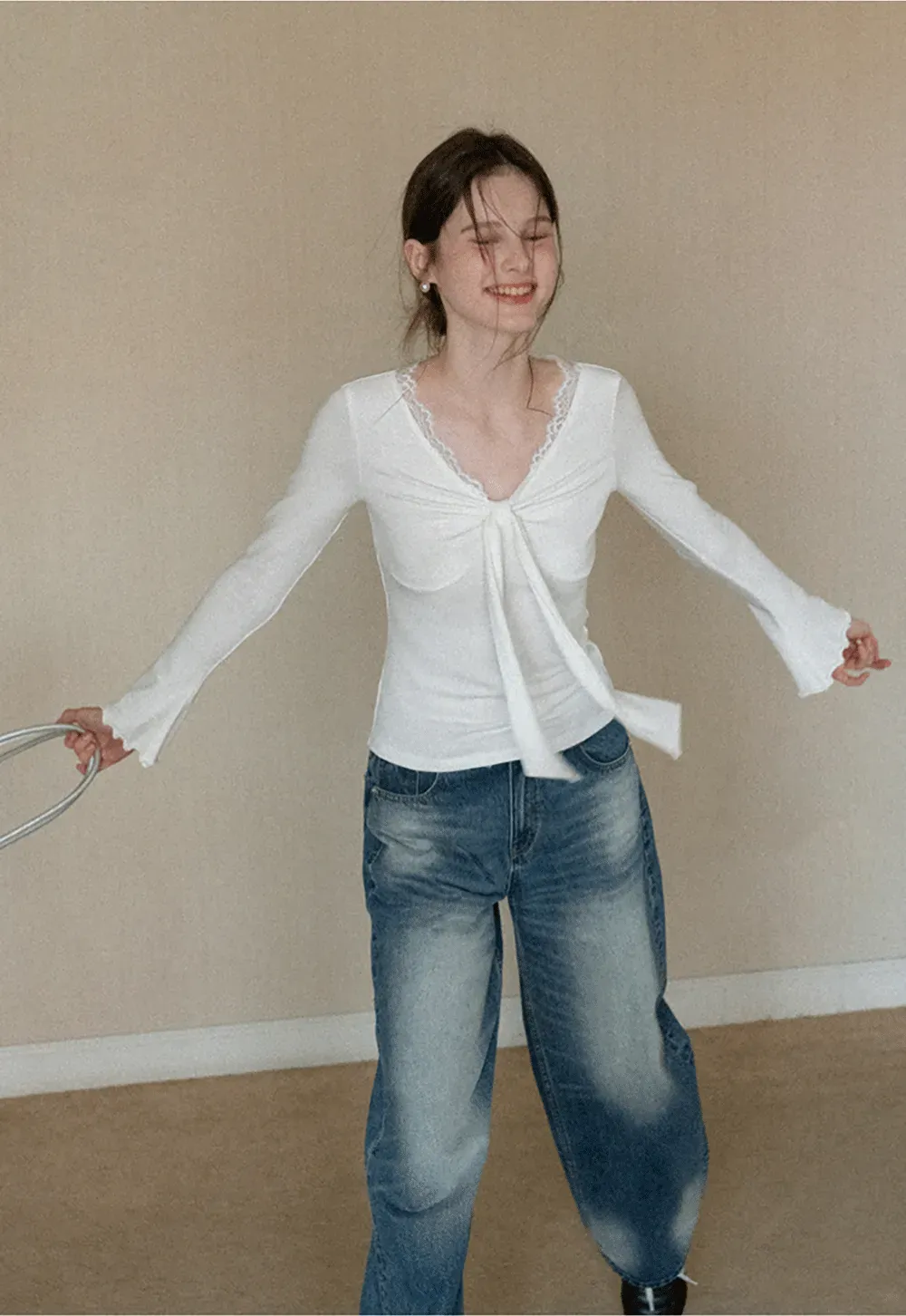 Elegant V Neck Long Sleeve Top with Bow Detail