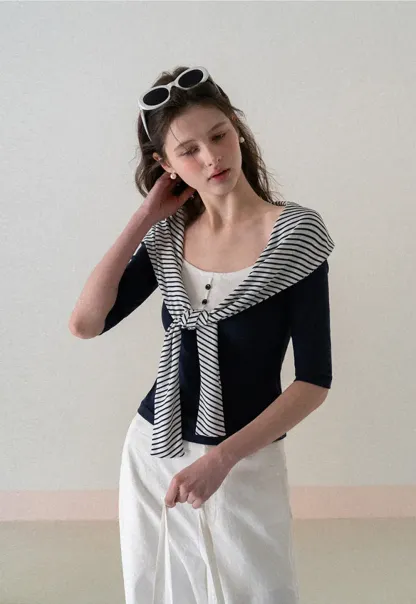 Striped collar tie front short sleeve top