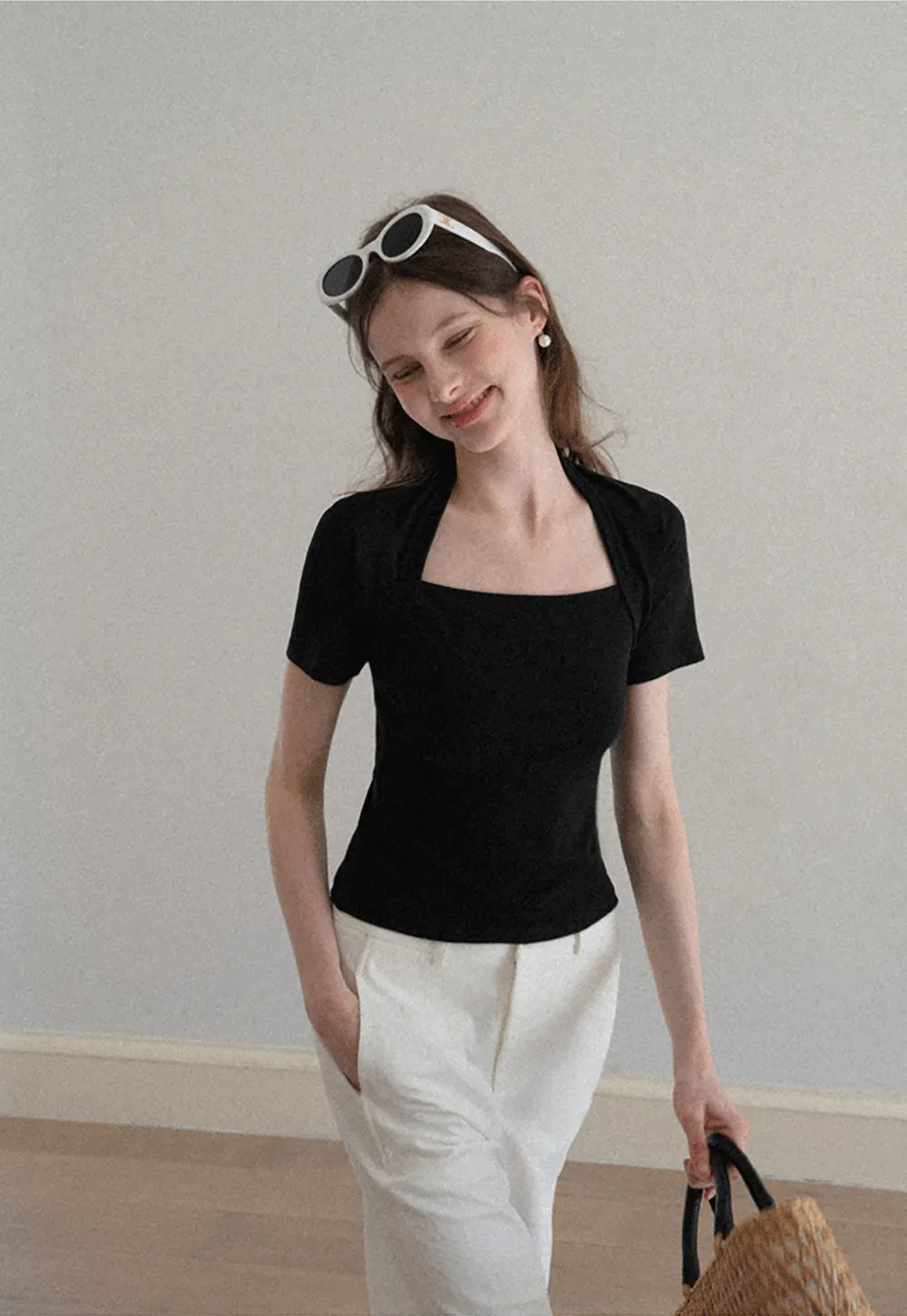 Square neck short sleeve fitted top
