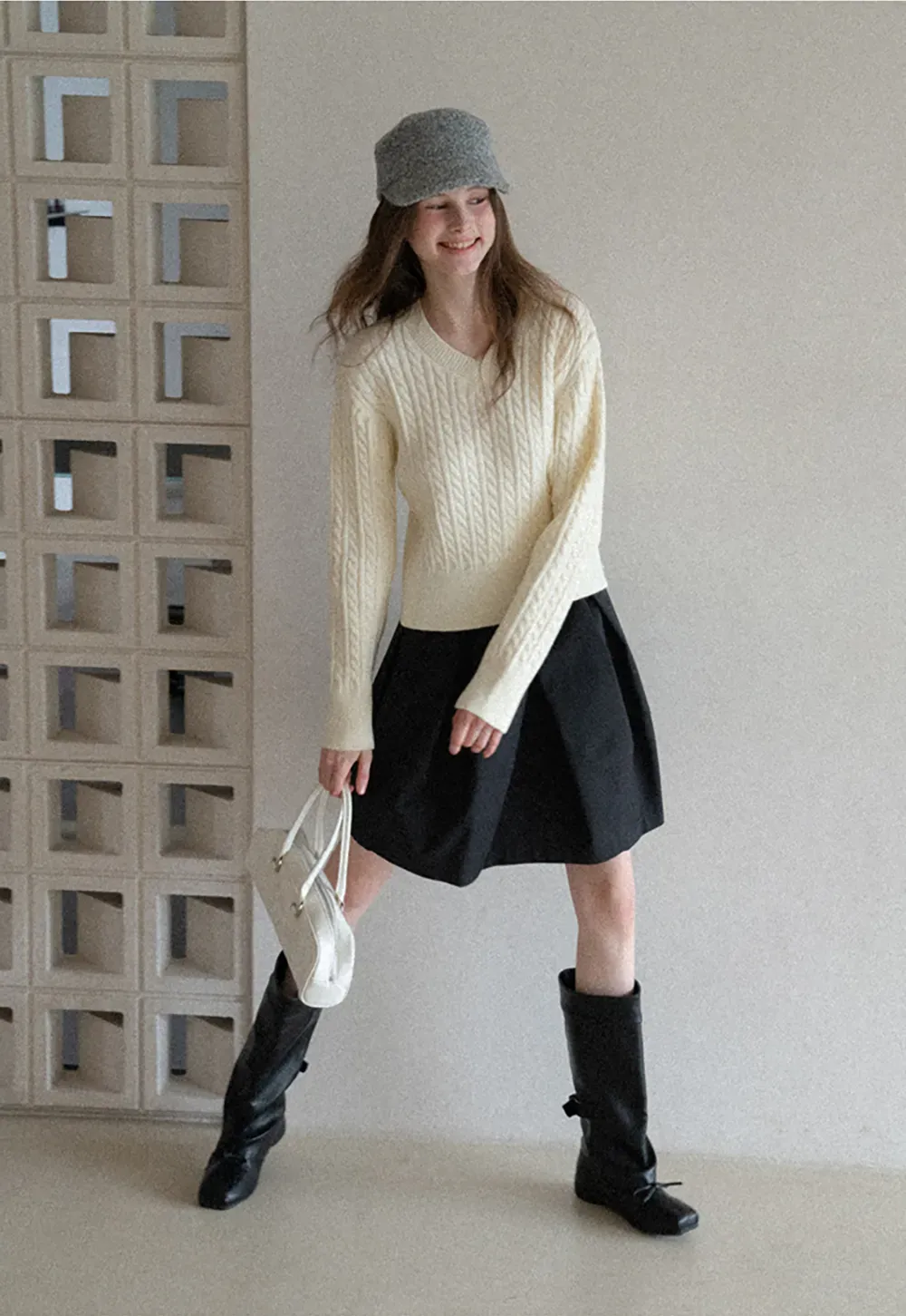 Turtleneck Cable Knit Sweater with Horse Pattern Stripe