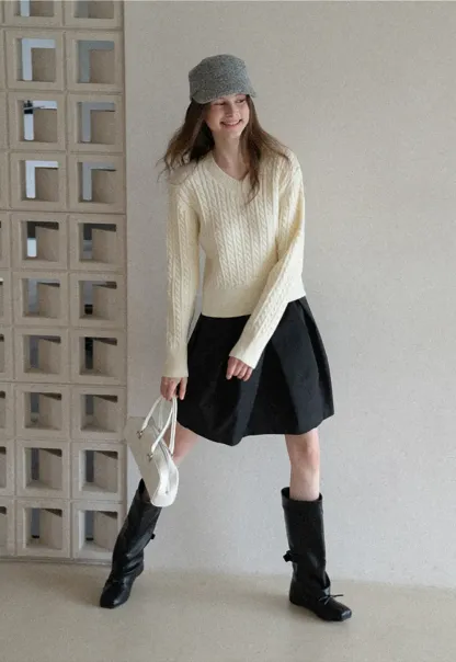 Turtleneck Cable Knit Sweater with Horse Pattern Stripe