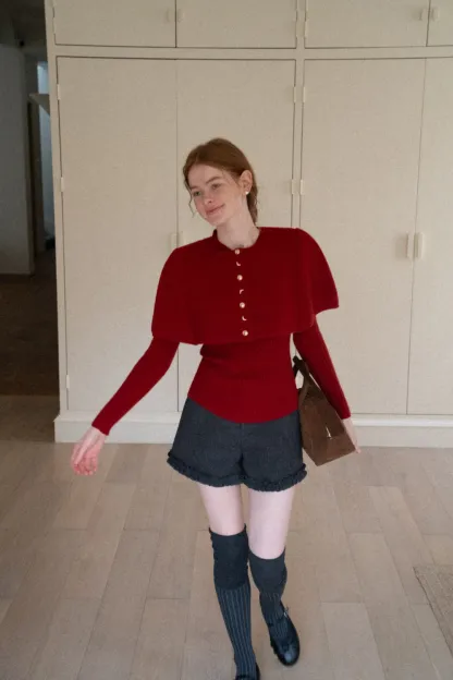 Cropped Buttoned Cape with V-Neck Fitted Thick Knit Sweater