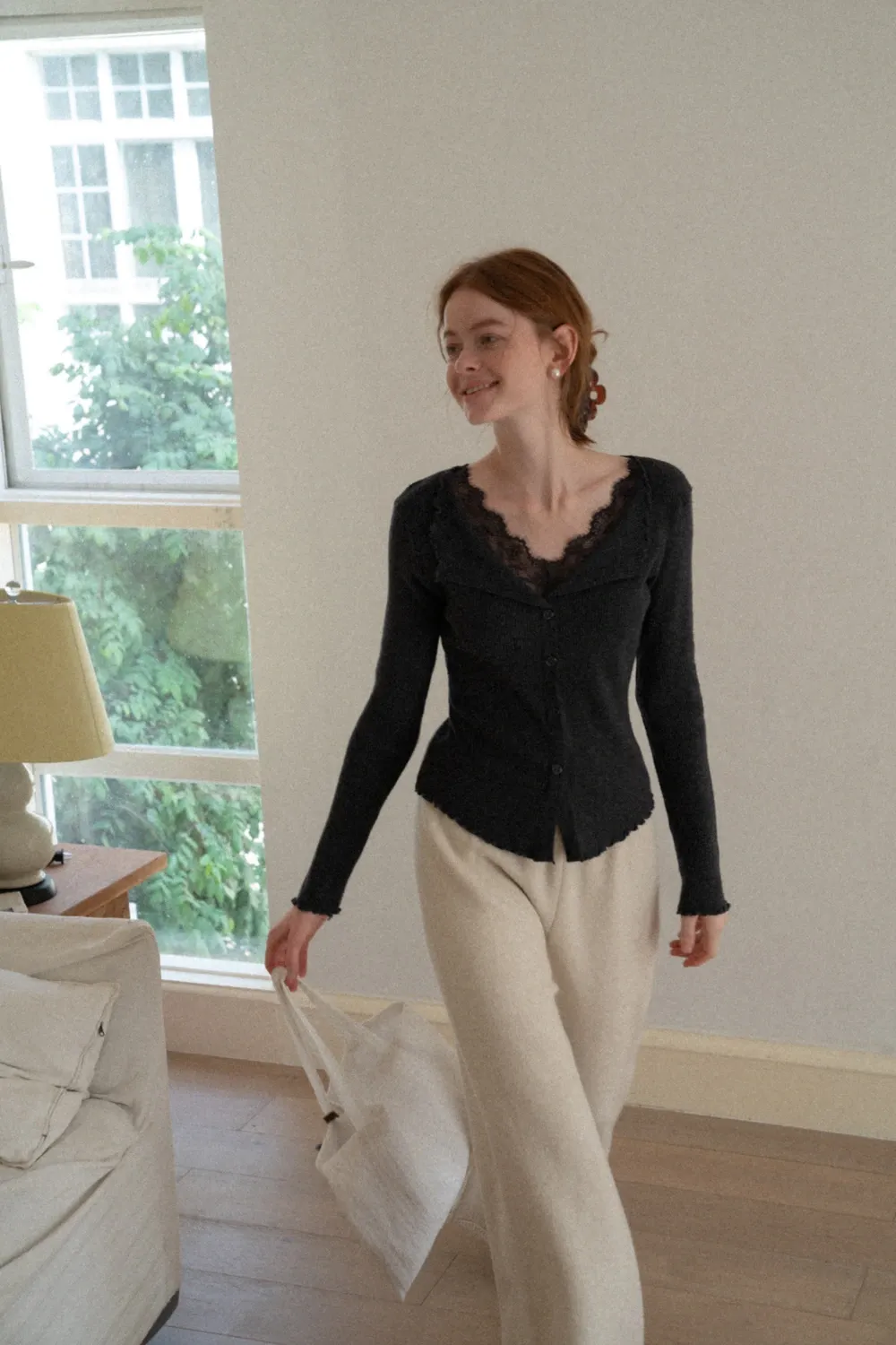 Lace Trim Ribbed Knit Top