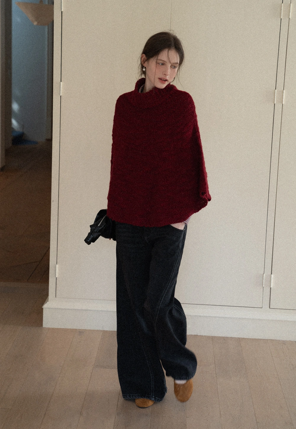 Soft Red Knitted Poncho with Turtleneck