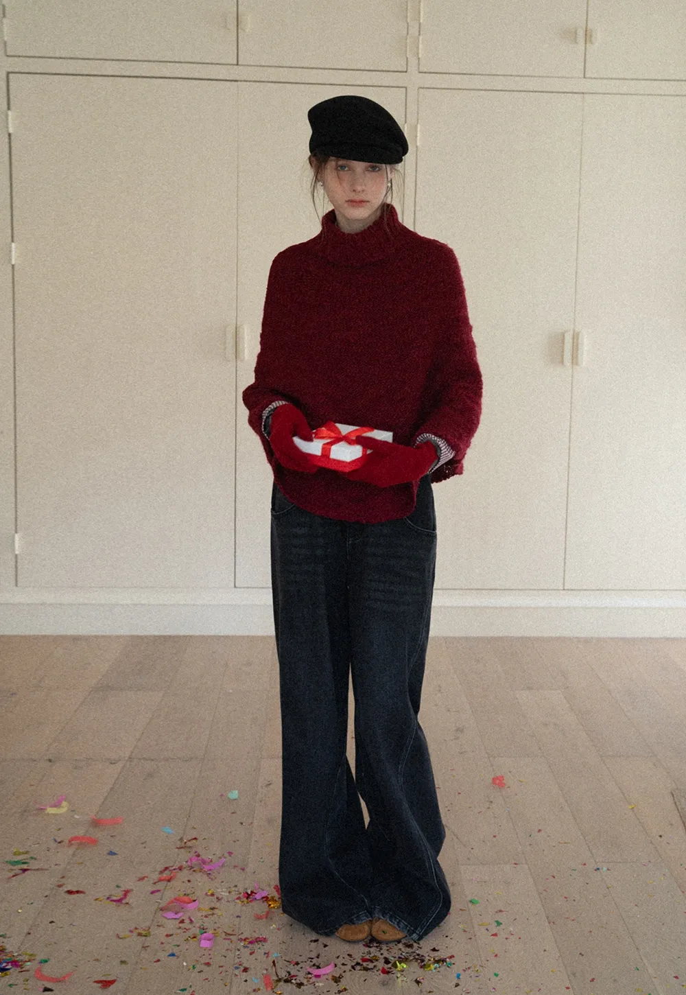 Soft Red Knitted Poncho with Turtleneck