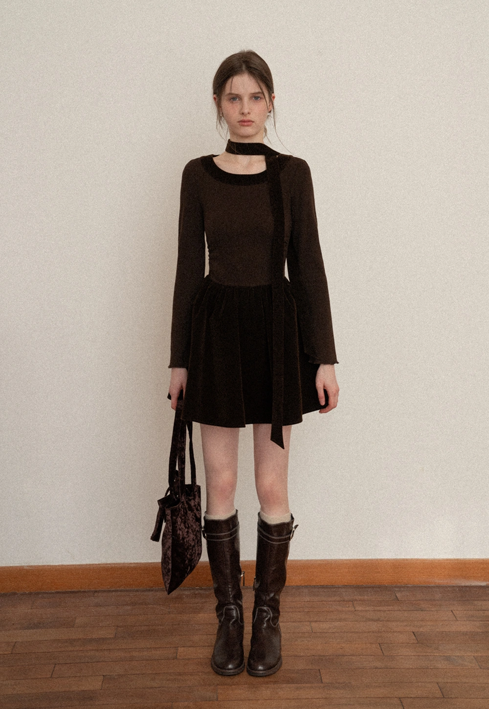 Chic Brown Velvet Mini Dress with Bell Sleeves