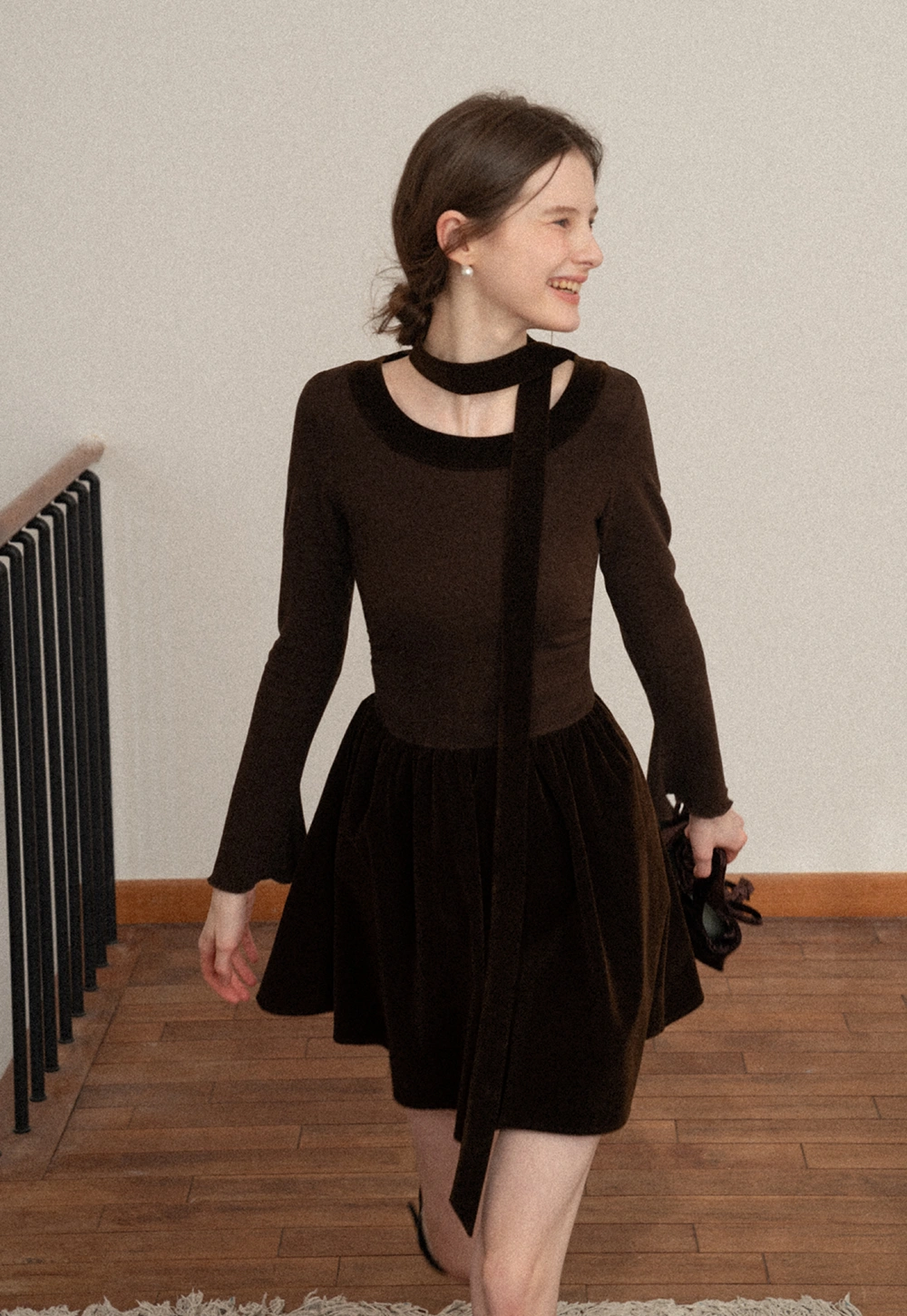 Chic Brown Velvet Mini Dress with Bell Sleeves