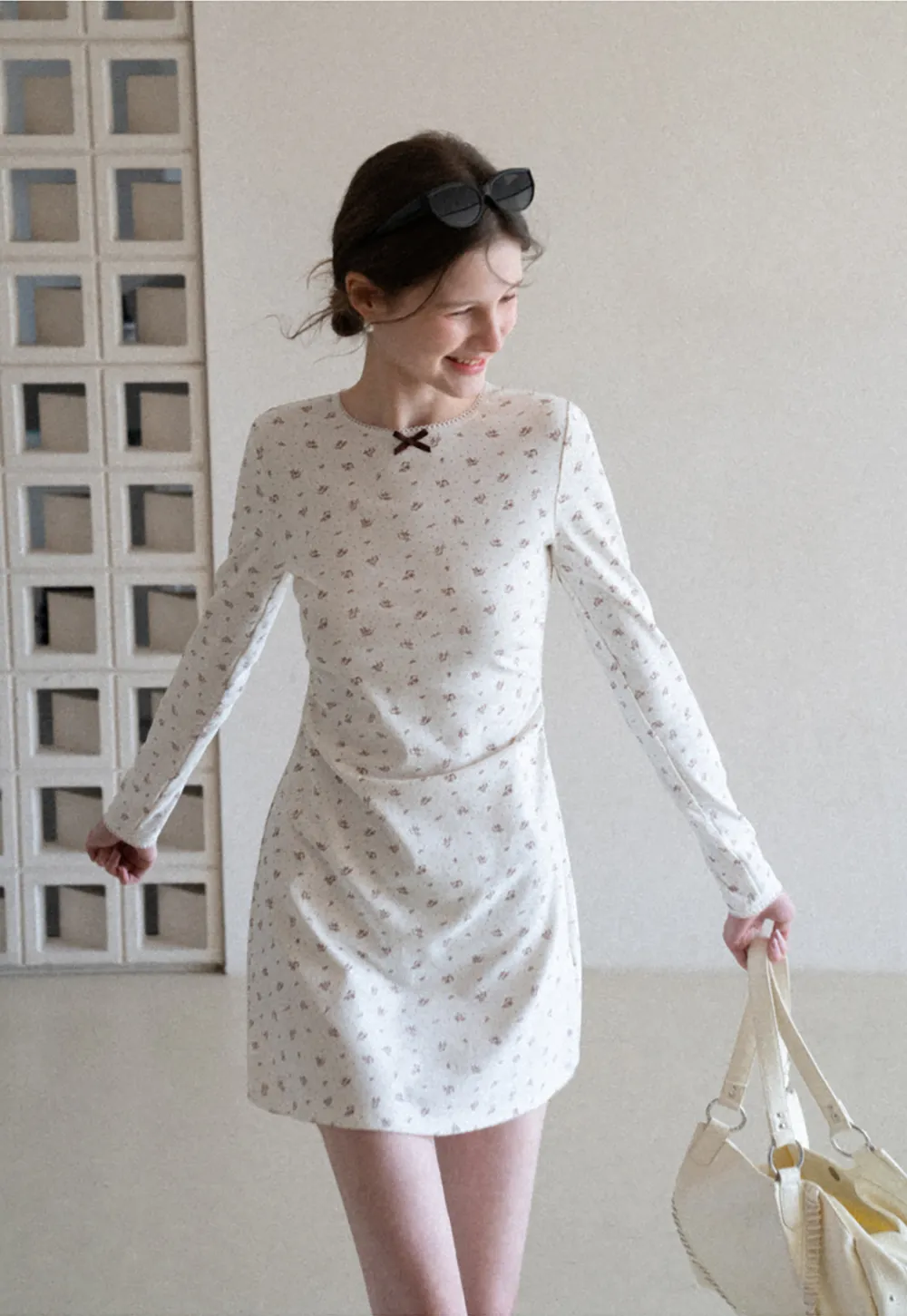 Long Sleeve Floral Print Dress with Cross Neck Detail