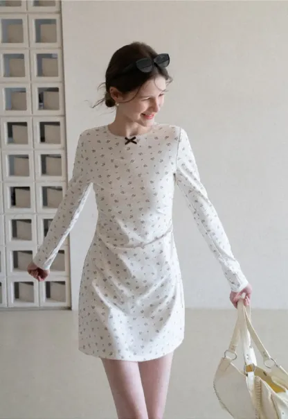 Long Sleeve Floral Print Dress with Cross Neck Detail