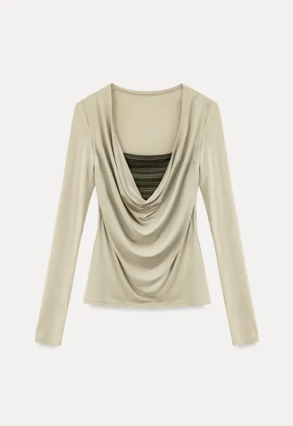 Long sleeve draped neckline top with square cutout
