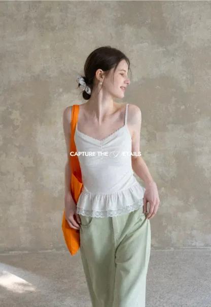 Lace Trimmed Peplum Tank Top with Thin Straps