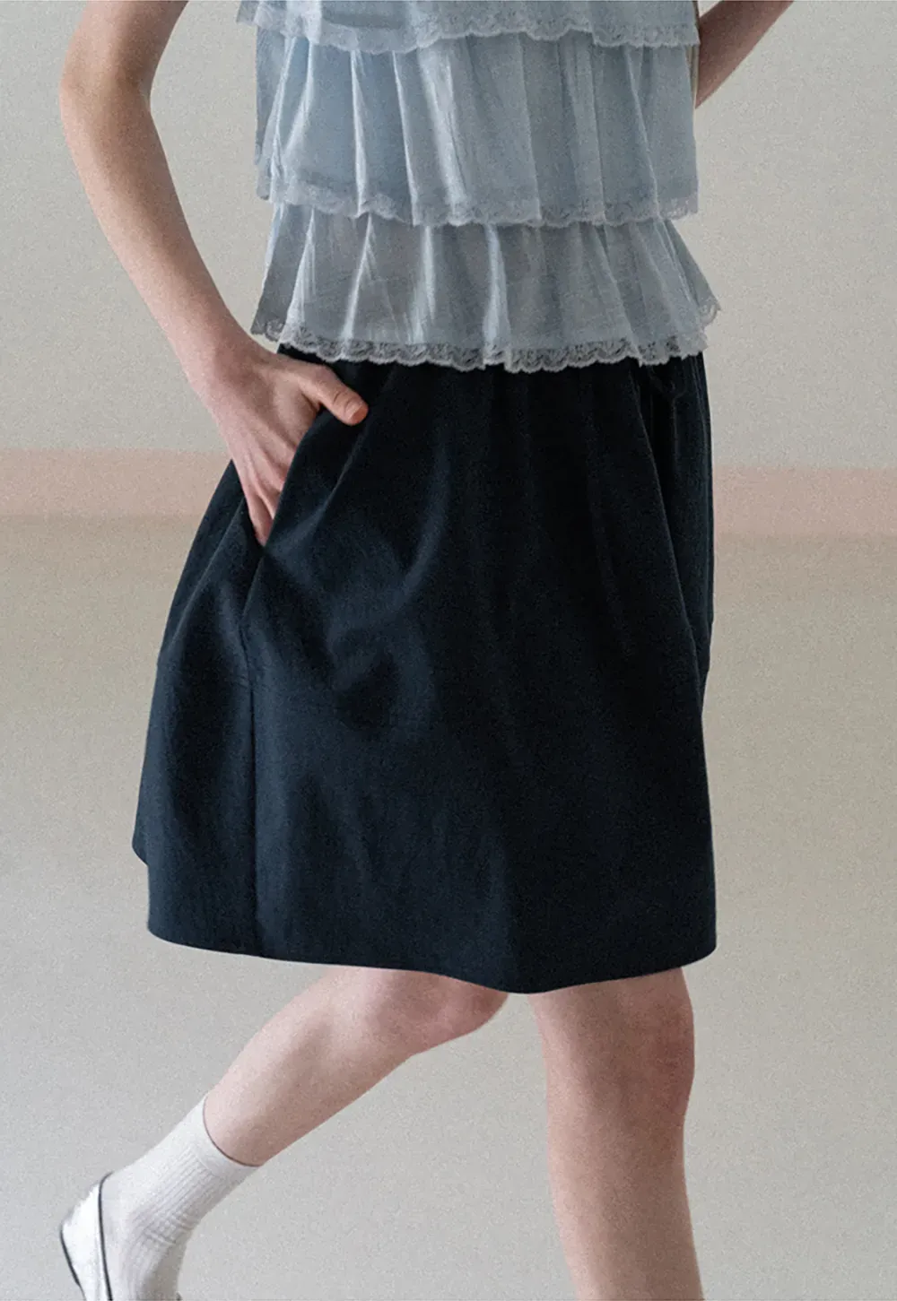 A-line skirt with drawstring waist and layered hem