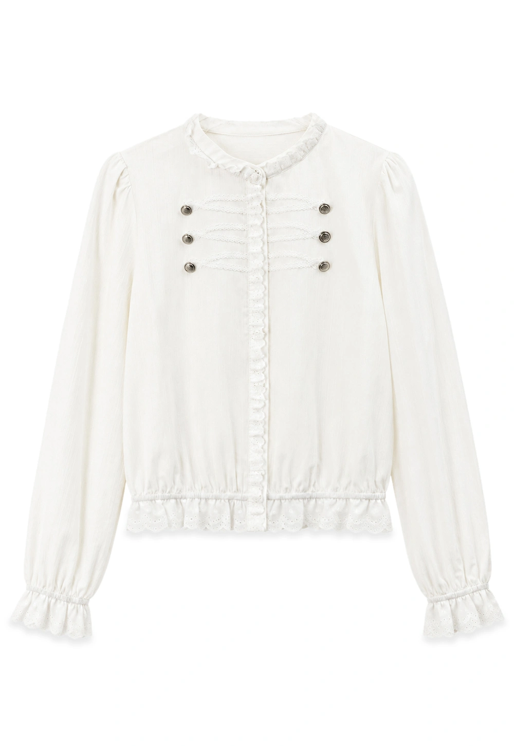 Lace Trim High Neck Button Front Blouse