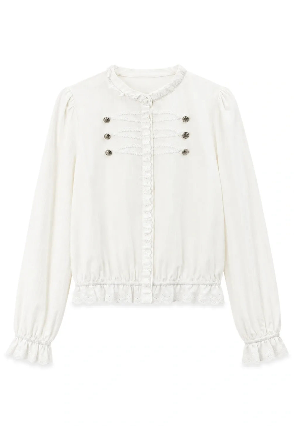 Lace Trim High Neck Button Front Blouse