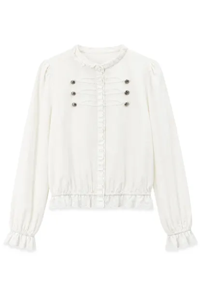 Lace Trim High Neck Button Front Blouse
