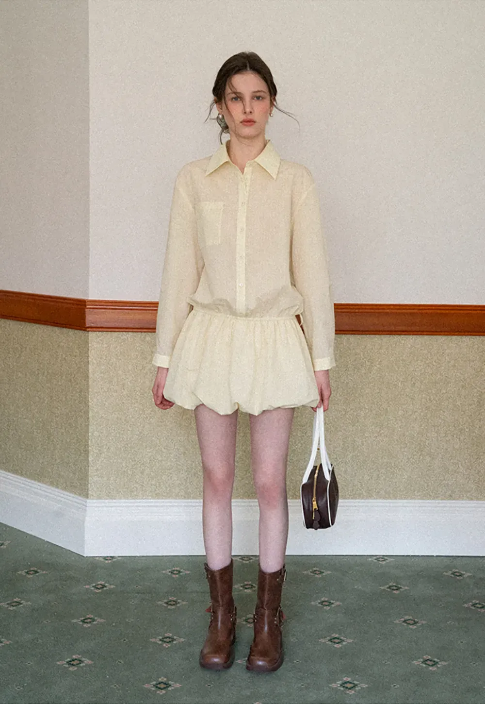 Button Front Shirt Dress with Pleated Pocket and Elastic Waist