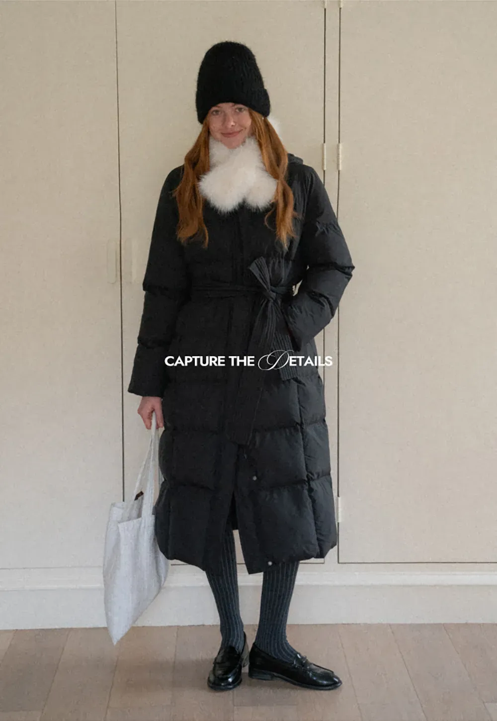 Long Puffer Coat with Fur Trim Hood Belted Design