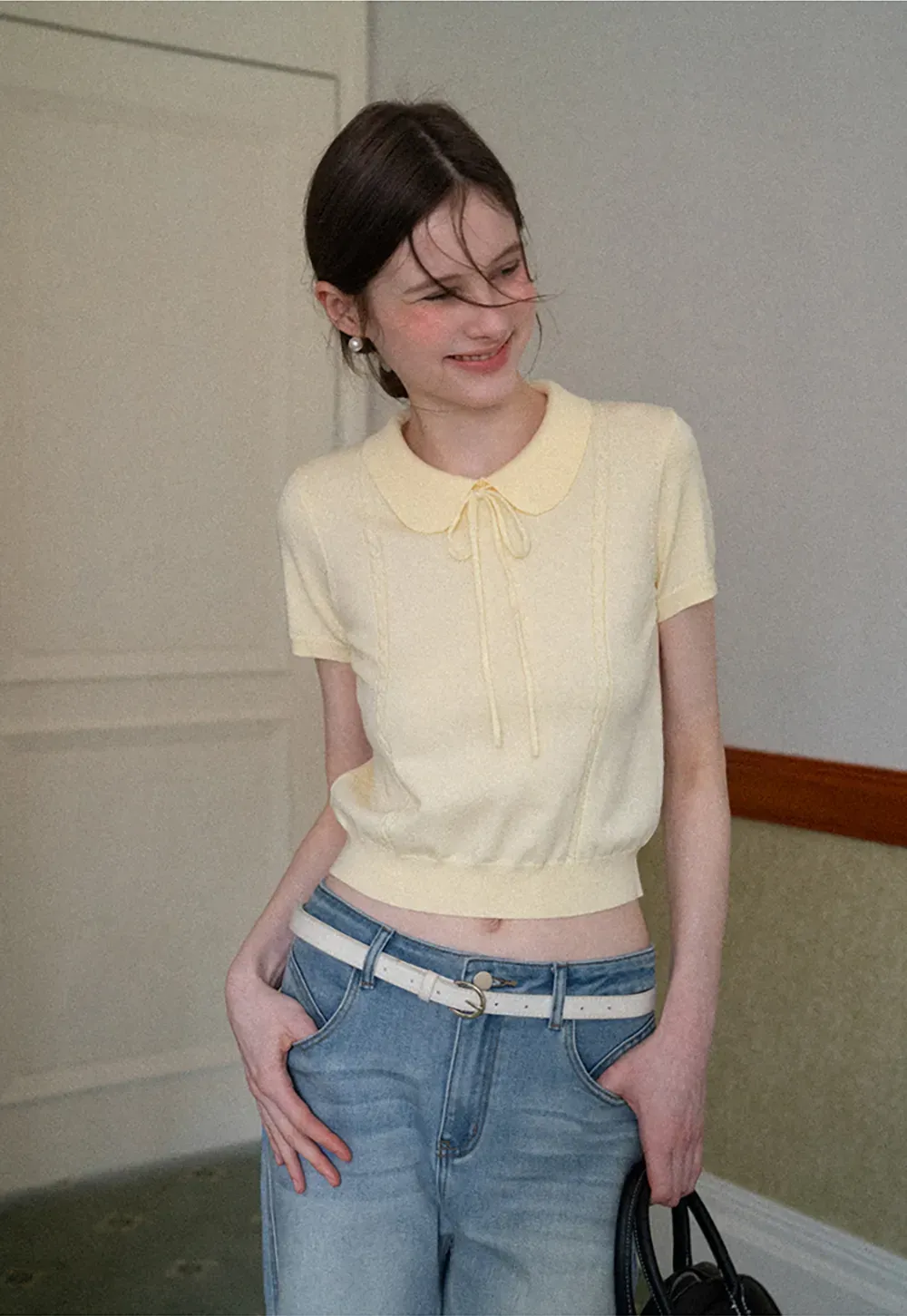 Short Sleeve Knit Top with Collar and Drawstring