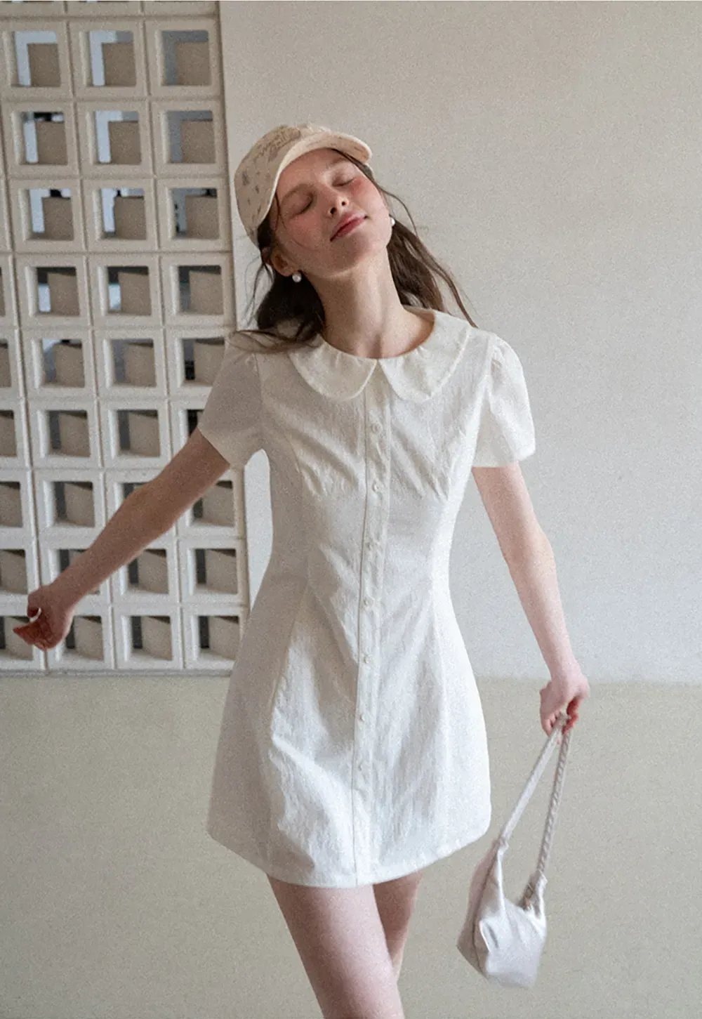 Button Front Dress with Peter Pan Collar and Short Sleeves