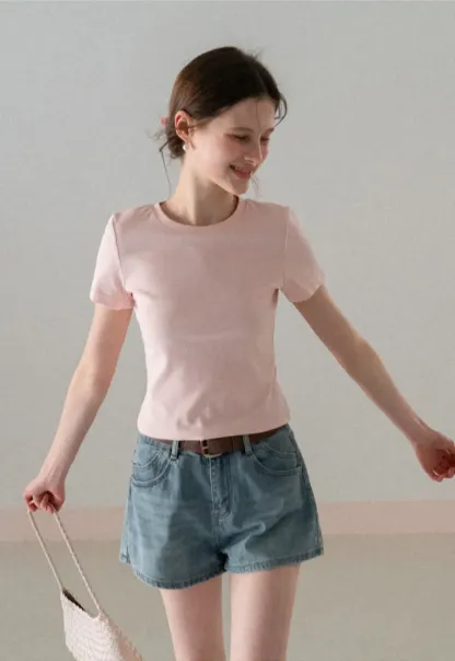 Short Sleeve Crew Neck T Shirt with Sheer Scarf Detail