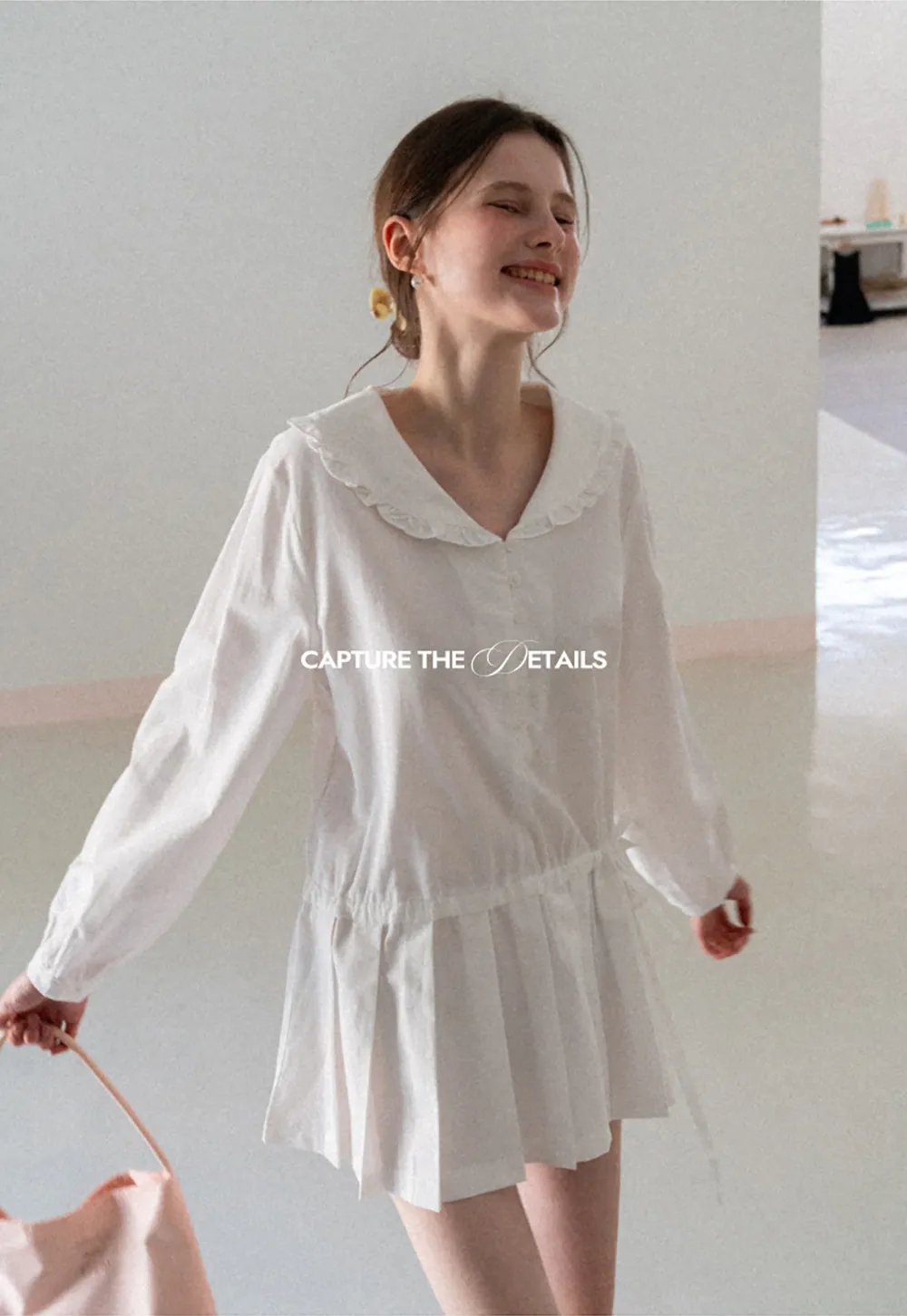 Pleated Hem Long Sleeve Blouse with Ruffled Collar