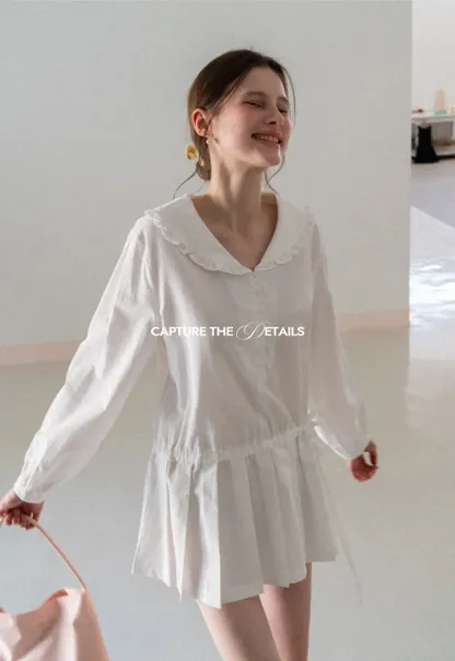 Pleated Hem Long Sleeve Blouse with Ruffled Collar