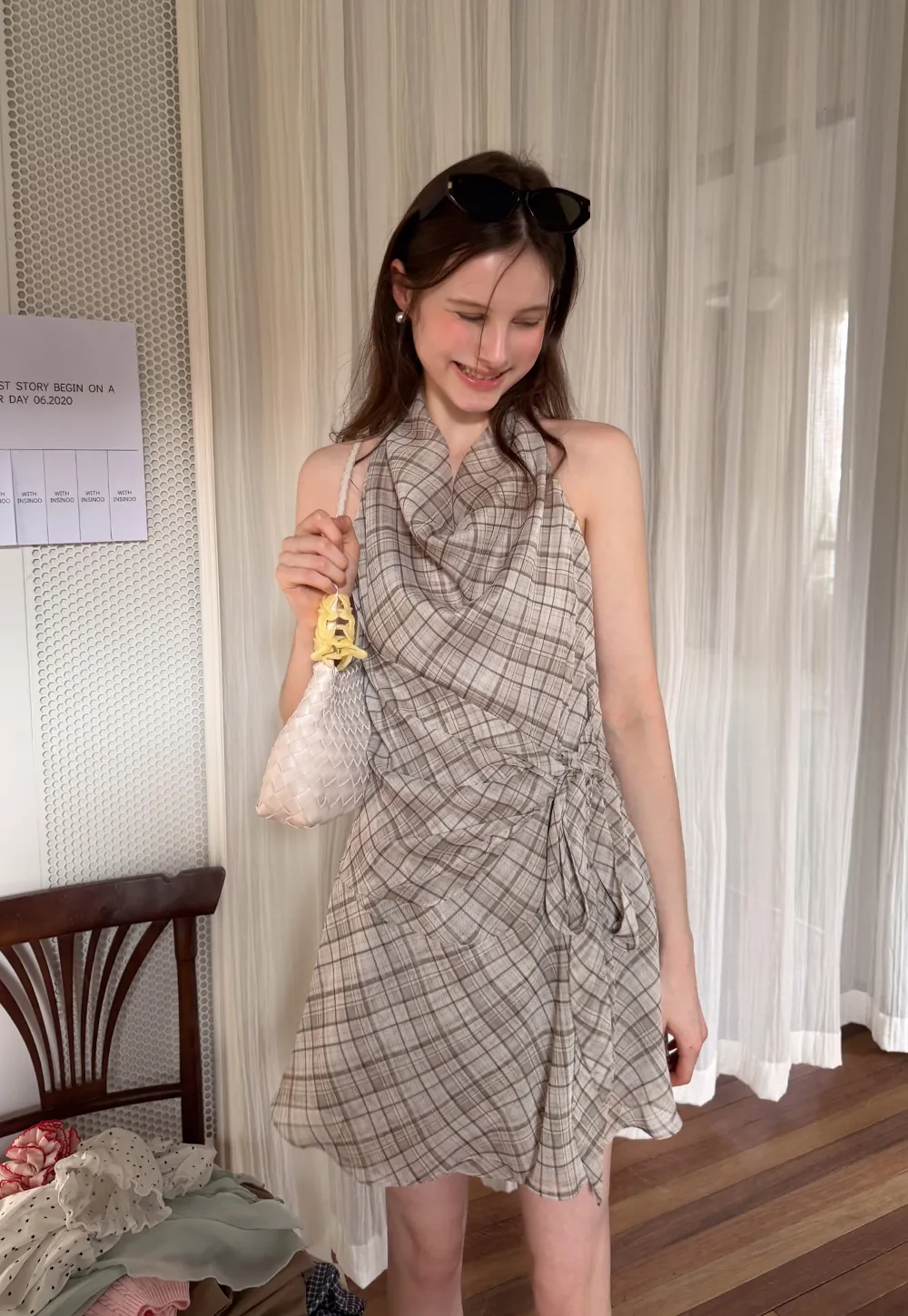 Plaid Halter Neck Wrap Dress with Side Tie