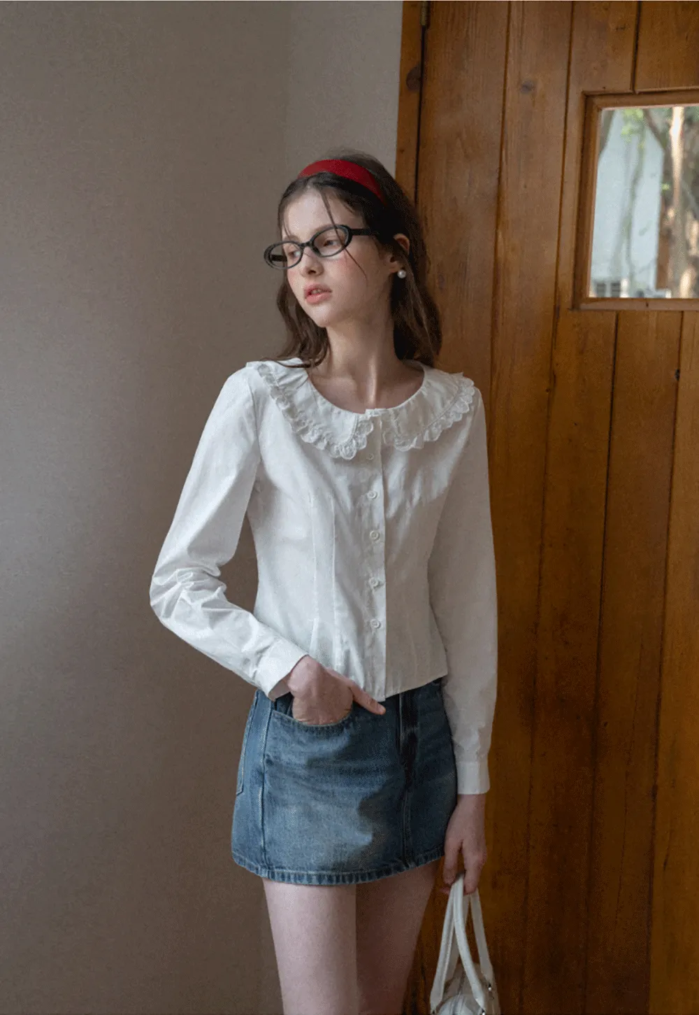 Long sleeve button front shirt with lace collar