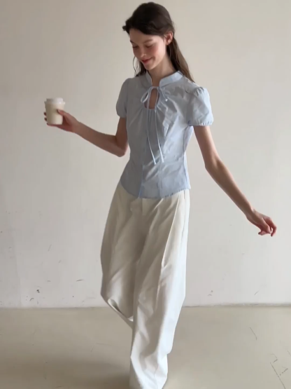 Stand Collar Puff Sleeve Button Front Shirt