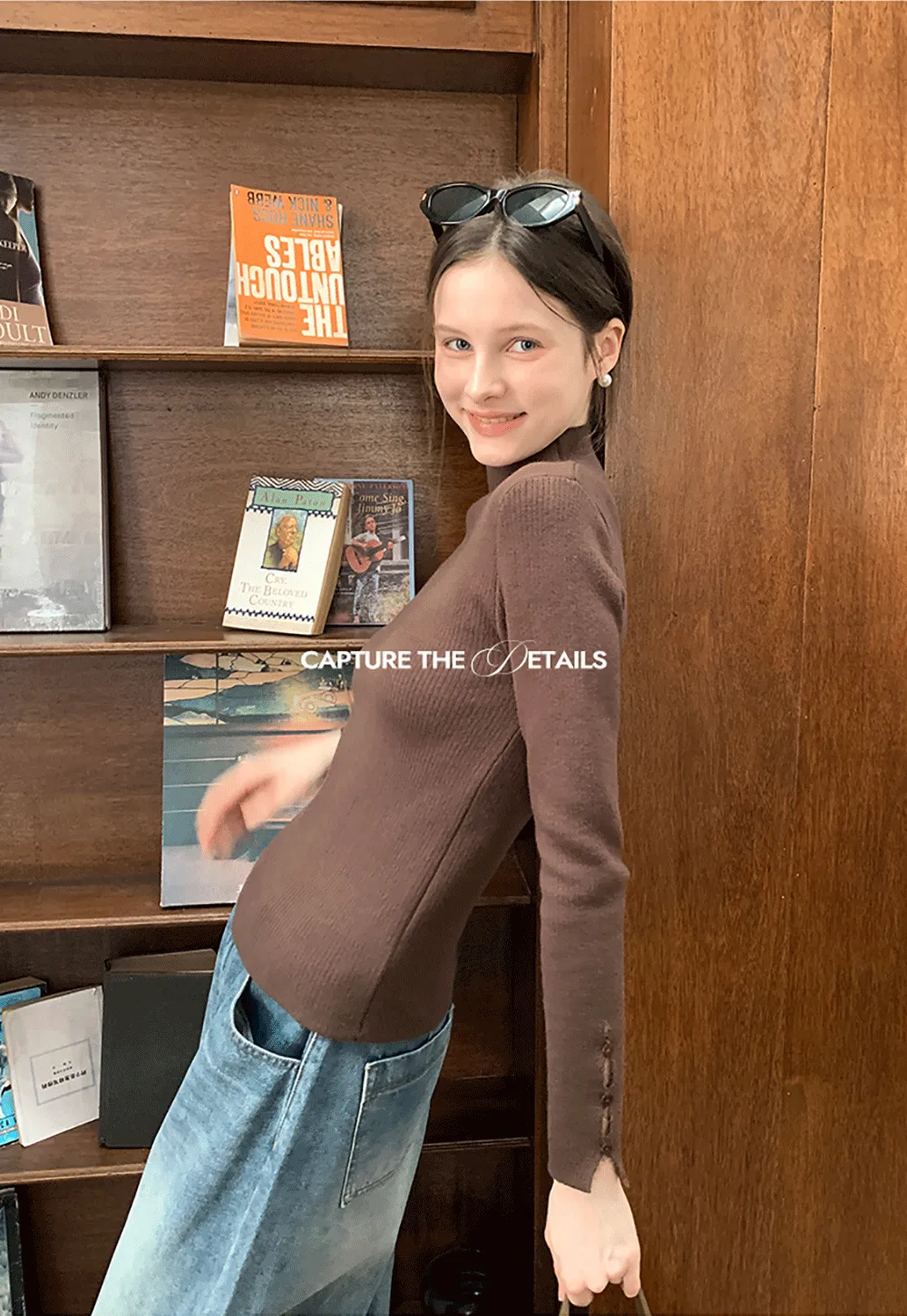 Elegant High Neck Knit Sweater with Button Detail Sleeve