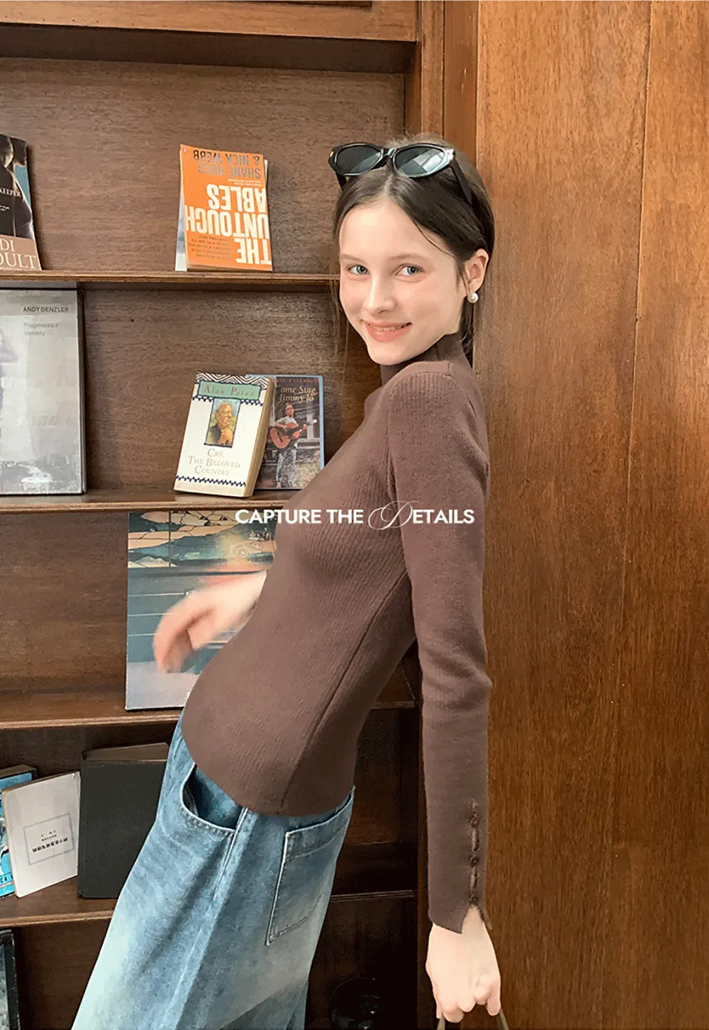 Elegant High Neck Knit Sweater with Button Detail Sleeve