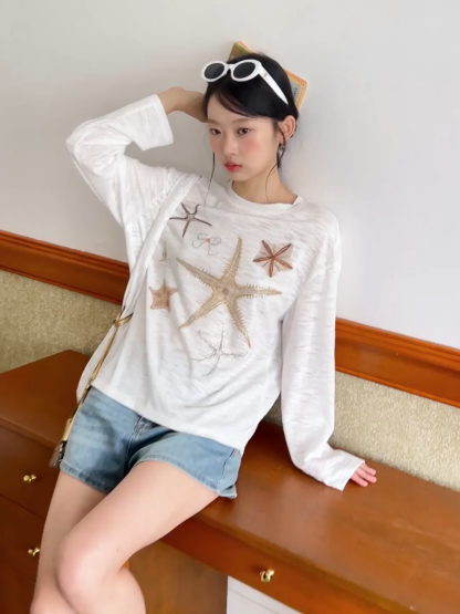 Long sleeve T shirt with starfish embroidery