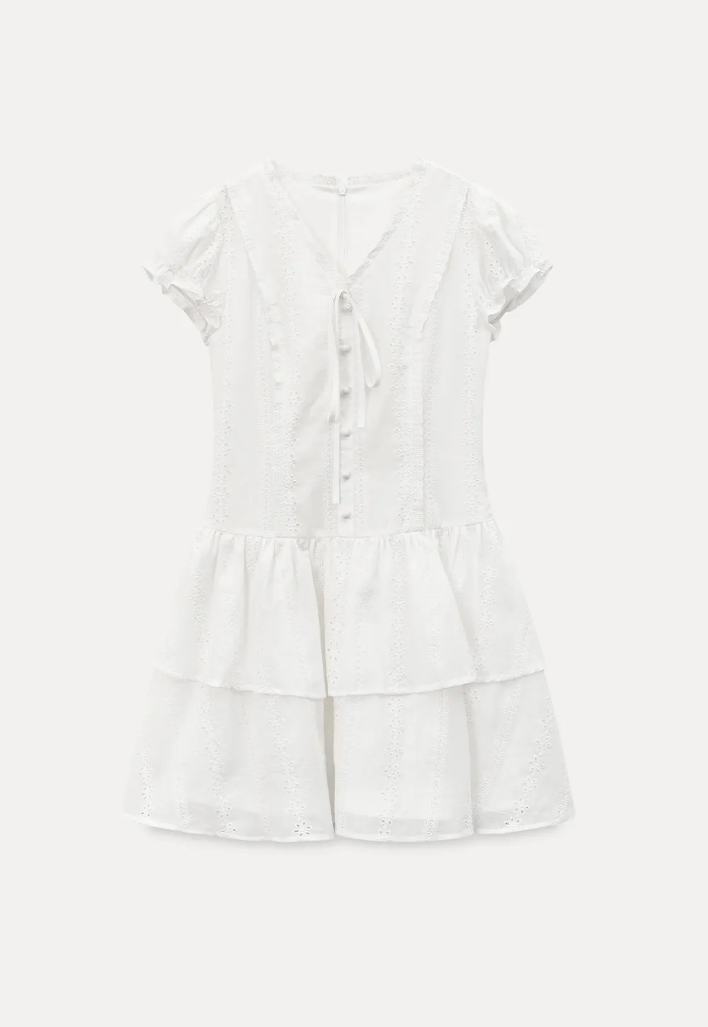 Eyelet Lace Dress with Puffed Sleeves and Tiered Skirt