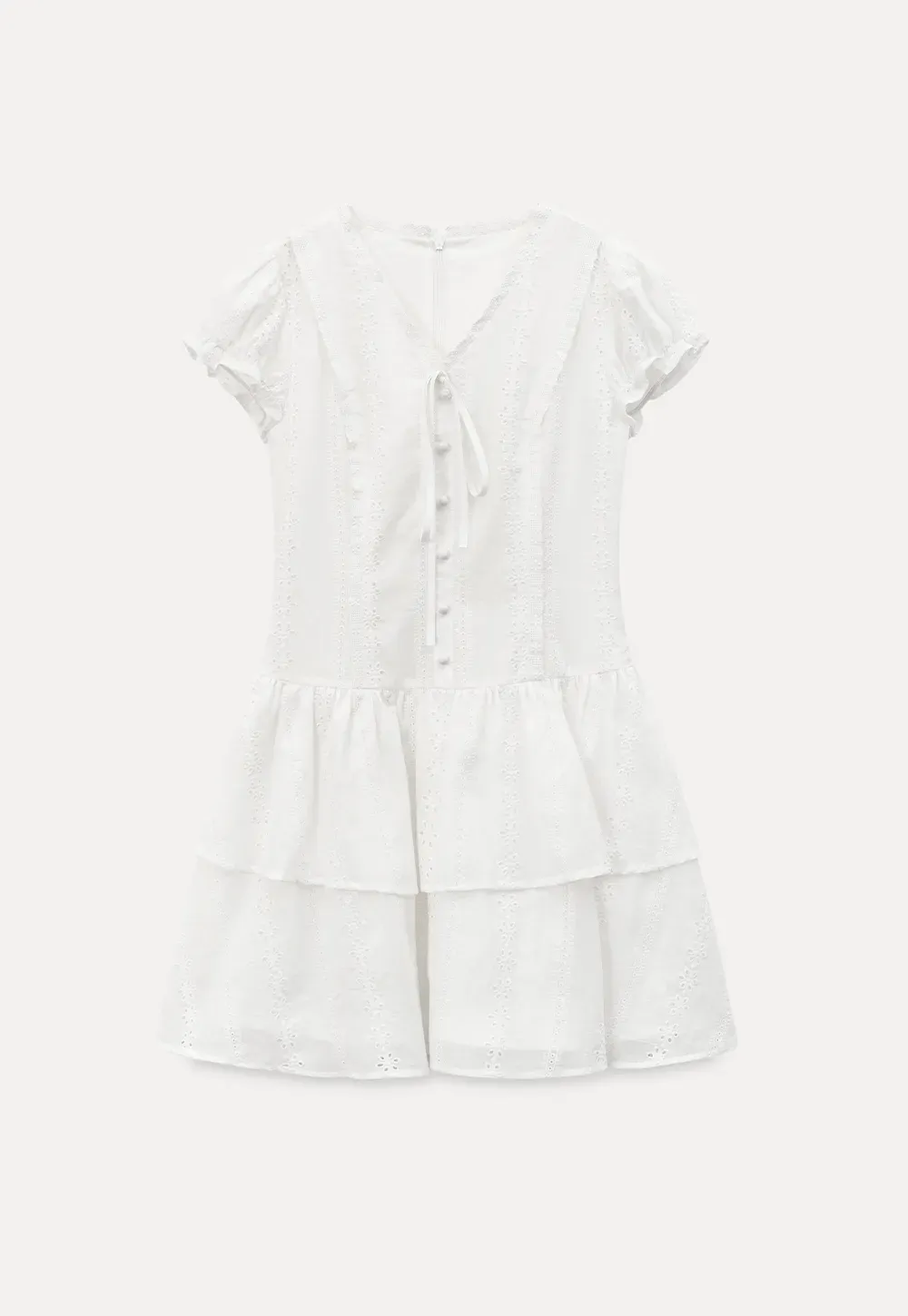 Eyelet Lace Dress with Puffed Sleeves and Tiered Skirt