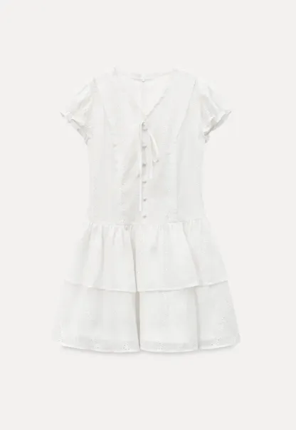 Eyelet Lace Dress with Puffed Sleeves and Tiered Skirt