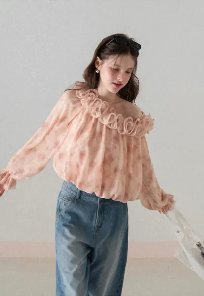 Off Shoulder Ruffled Lace Chiffon Blouse