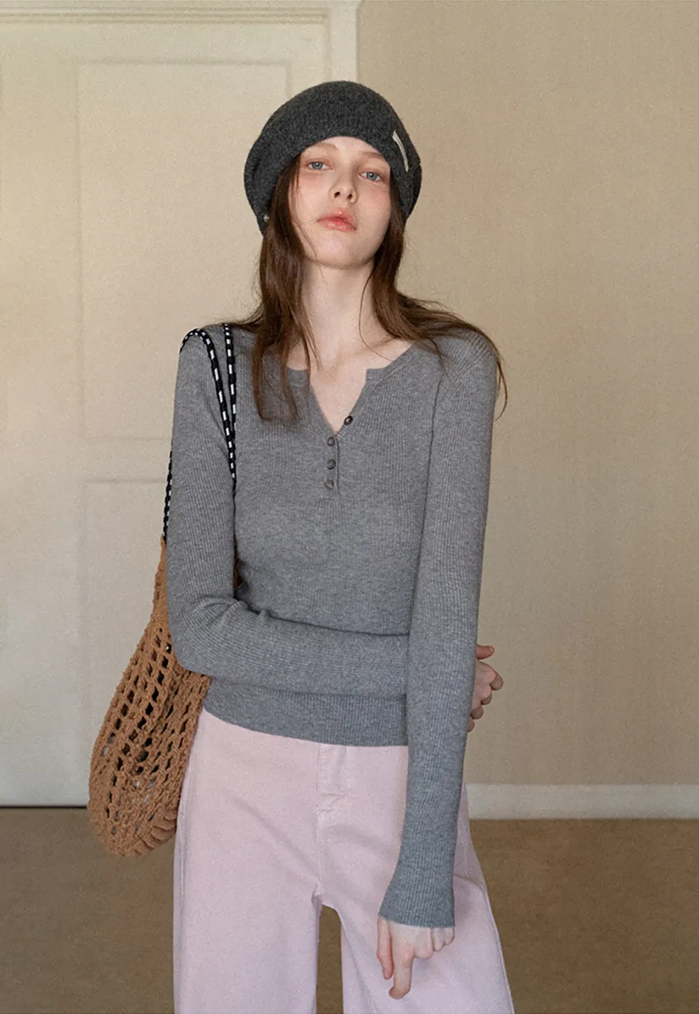 Elegant Henley Knit Top with Button Detail