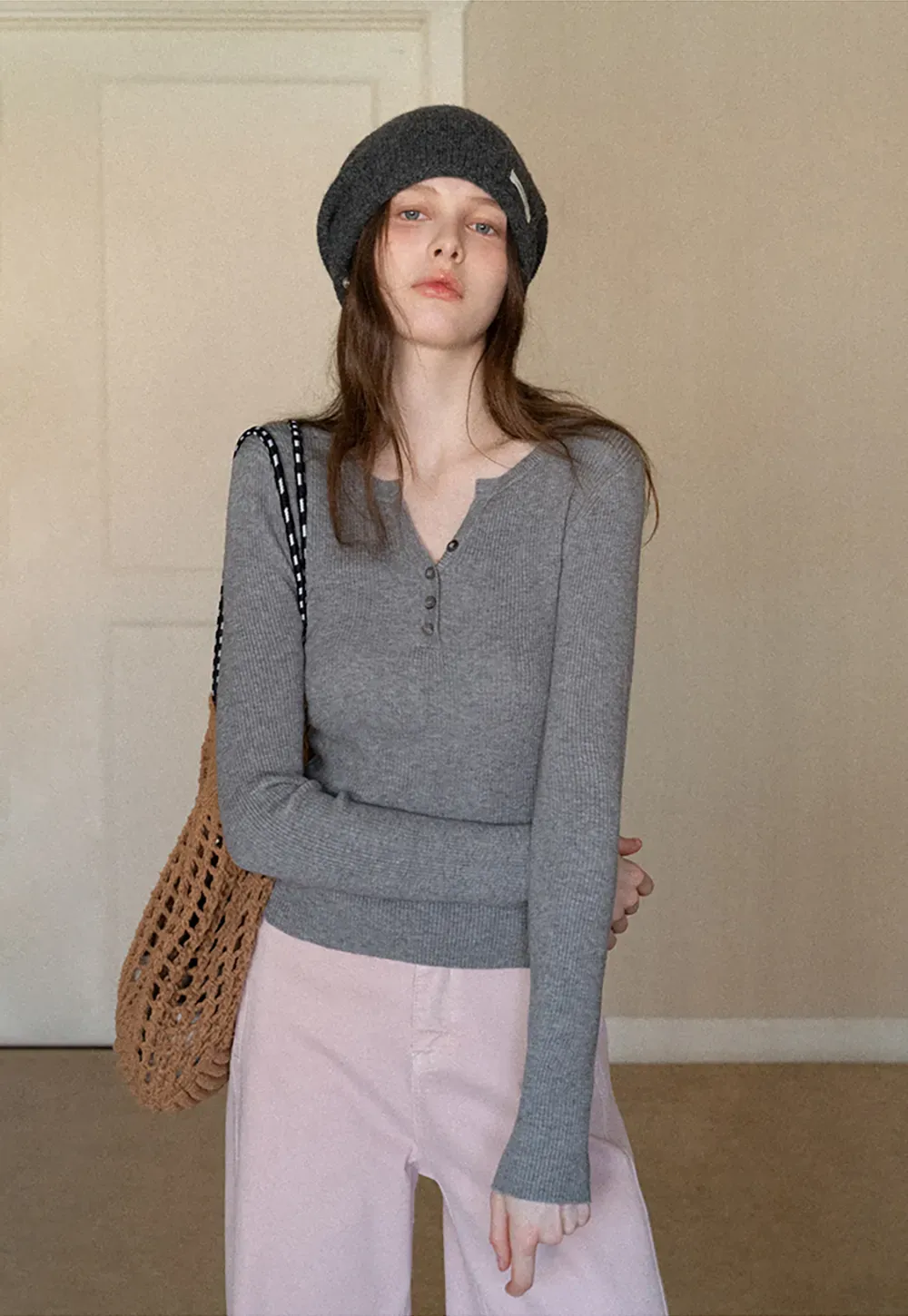 Elegant Henley Knit Top with Button Detail