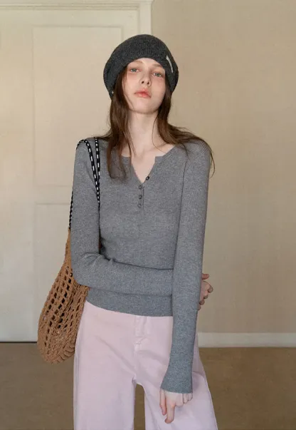 Elegant Henley Knit Top with Button Detail