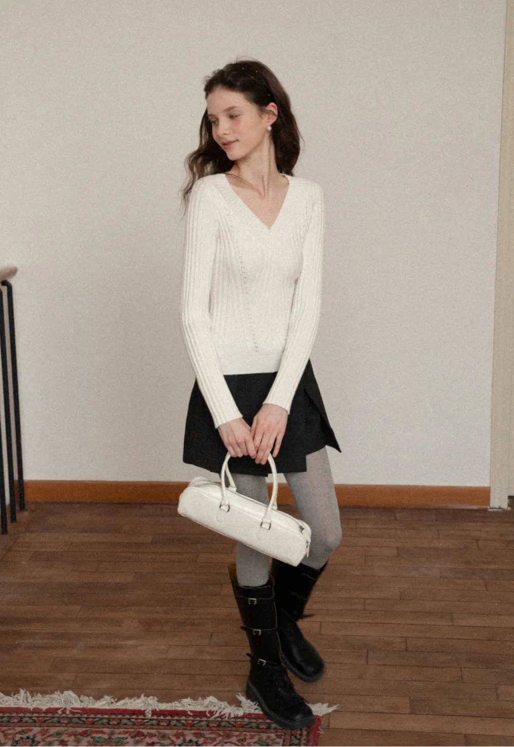 Elegant Ribbed Knit Sweater with V-Neck Design