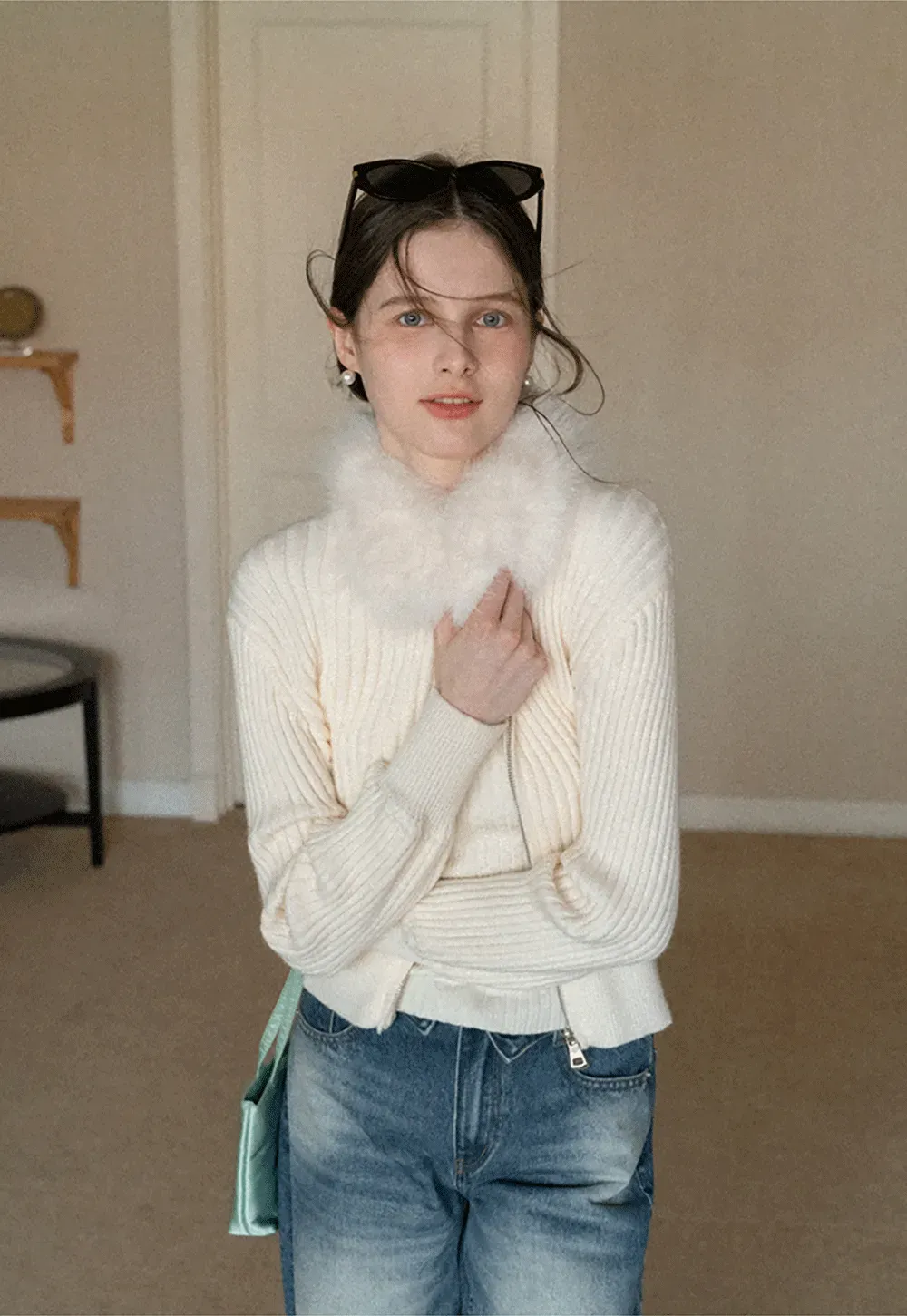 Ribbed knit sweater with fur collar detail