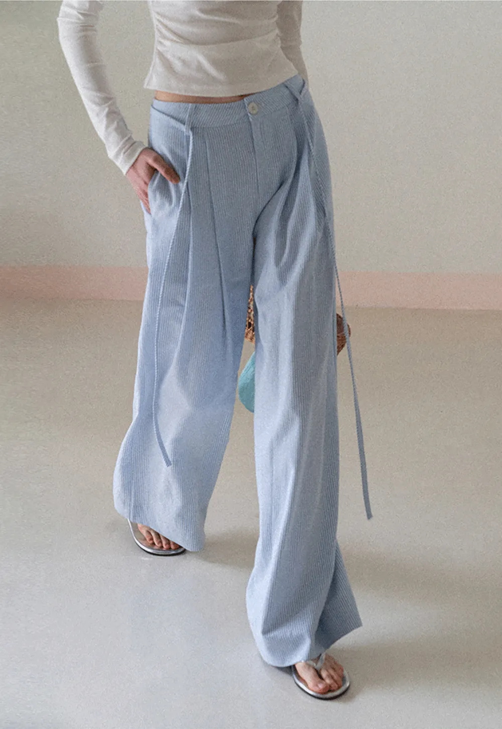 Wide Leg Pleated Casual Pants with Drawstring Waist